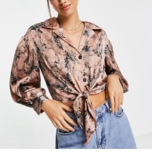 River Island Pink and Brown Puffy‎ Sleeves Tie Front Blouse Satin-like Sz 44